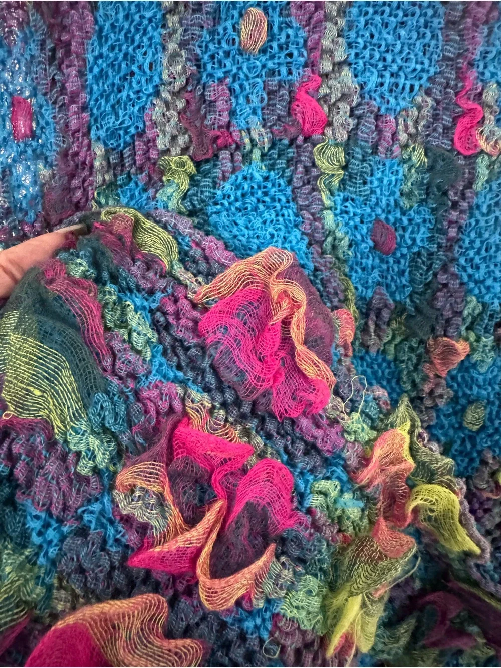 Blue Plaid Knit Multicolor Woman's Scarf with Fringe